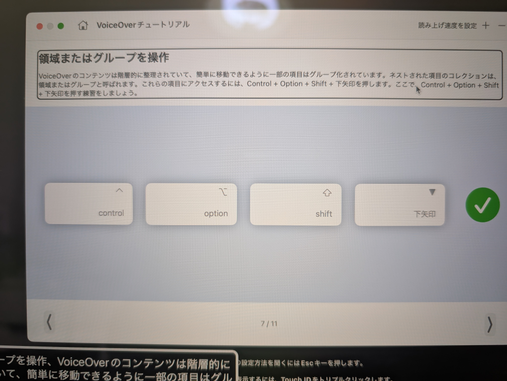 仕事で必要になり、MacBookを支給されました 設定をしておいてくれと言われたので電源を入れたのですが、VoiceOverチュートリアルの操作の練習が始まりました。 しかし、この写真の画面から進めません。 領域またはグループを操作という方法はわかったのでチェックが入ったのですが、 右下の次へボタンを選択できません。 この状態から Control＋option＋右矢印 で右下のボタンに行けばいいと思ってるのですが間違っているでしょうか？ よろしくお願いします。
