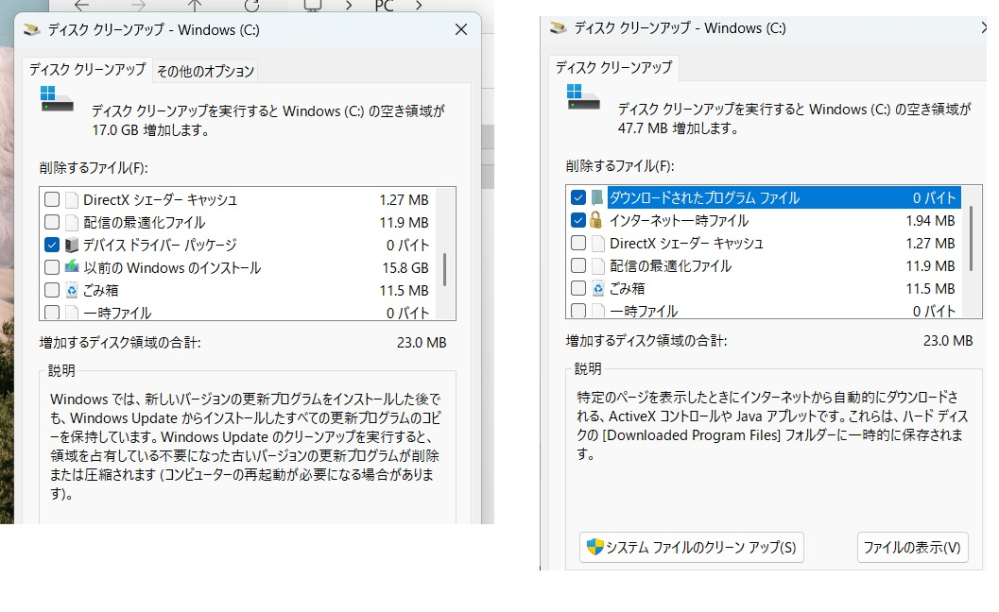 Windows11のディスククリーンアップで質問です。
デフォルトでレ点があるものとないものがあります。
ないものはクリーンアップ（削除）しない方がいいのでしょうか？ それとも全てクリーンアップしても問題ありませんか？