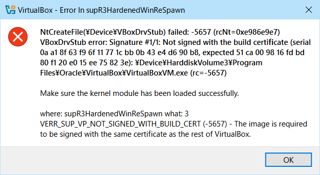 VirtualBoxを久しぶりにバージョンアップしたら画像のエラーが