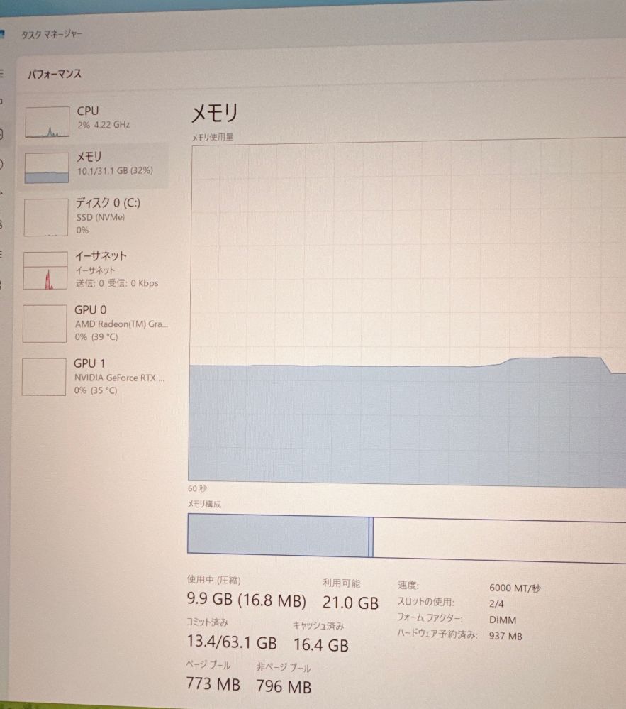 何もしていないのにメモリを10GB使用している状態は正常でしょうか 