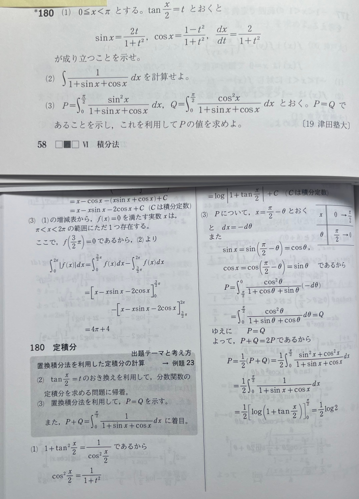 2019年津田塾大学の数学の入試問題です。(3)は何故x=π/2-θと置くので