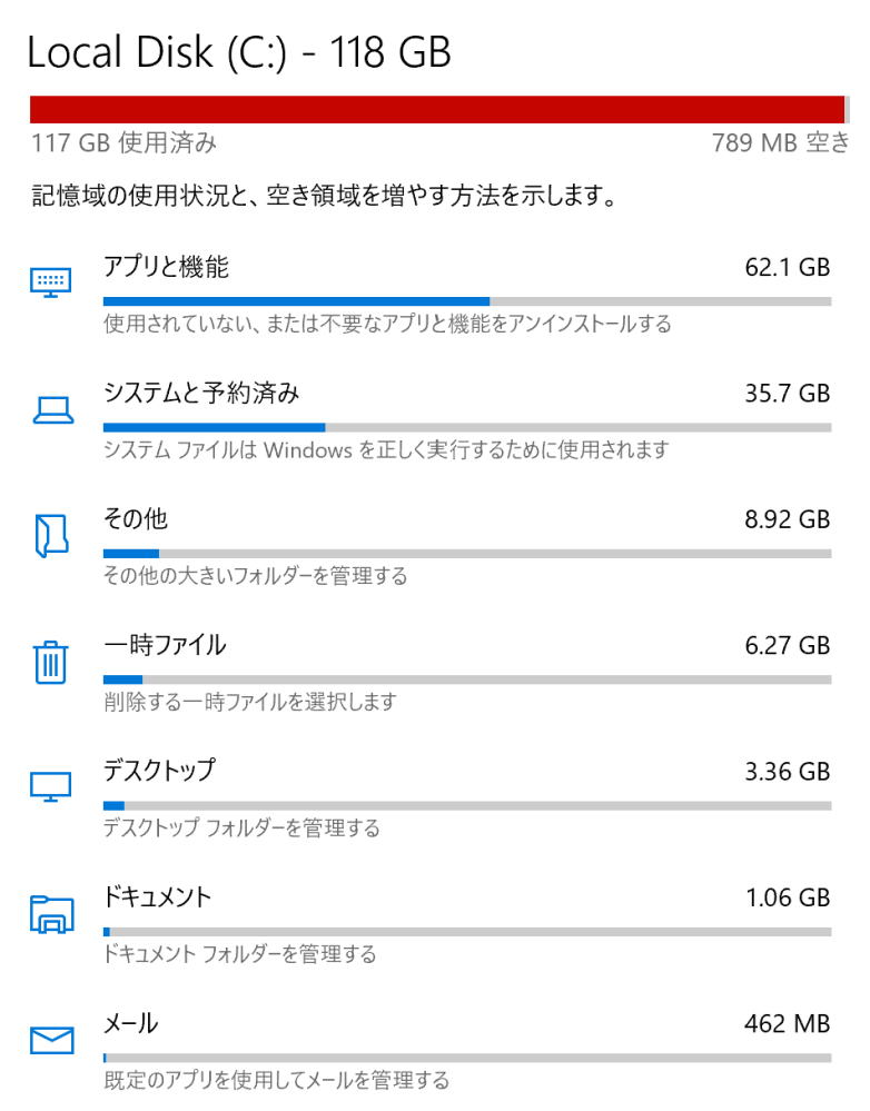 PCのディスク容量がほぼ満杯になっています。 以前はここまで容量が圧迫されていた記憶はありません。 心当たりとしては、Windows 11 のアップデートに失敗していたため、容量を確保して再チャレンジしたことがあります。 容量を開けた際には約20GBの空きはありましたが、現在も Windows のアップデートは完了していません。 今回は Windows のアップデートは必須ではないため、とにかくディスク容量を確保したいです。 どの点を修正すればよいか、ご教示いただけますでしょうか。