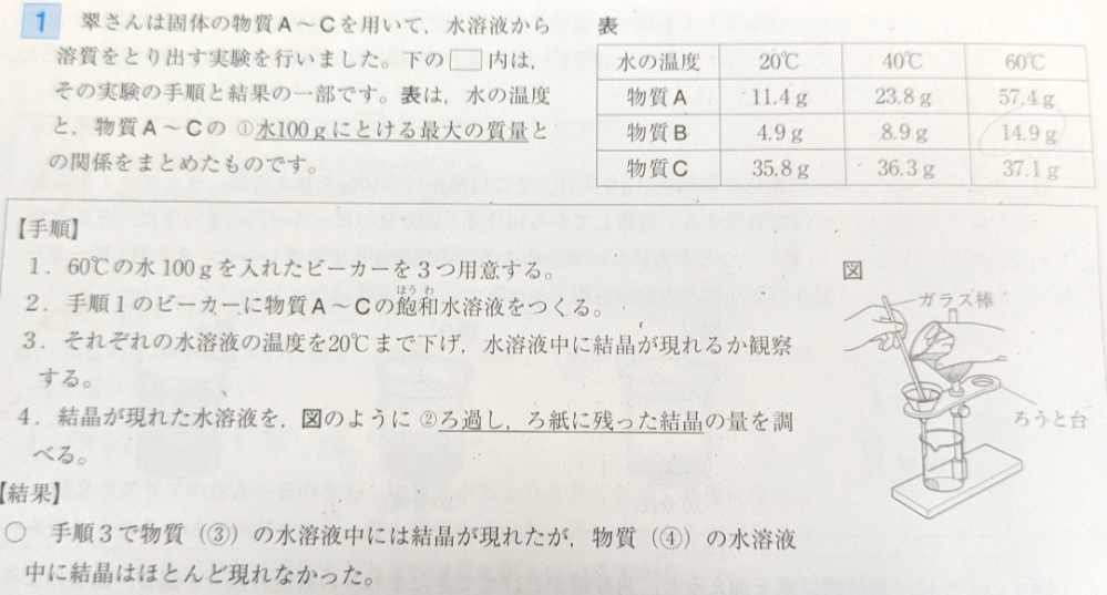 冬休みの宿題（理科）がわからないです。 答えを見ても解説が載ってなかったので、表の写真と問題文を載せるので、なぜこの答えになるのかをできるだけくわしく教えてください。 問題文→手順2でつくった物質Aの飽和水溶液の質量パーセント濃度は何%ですか。少数第一位を四捨五入して、整数で答えなさい。