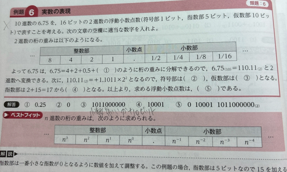 指数部は5ビットなので15を加えるってどういうことですか？この問題の解き方教えて欲しいです！
