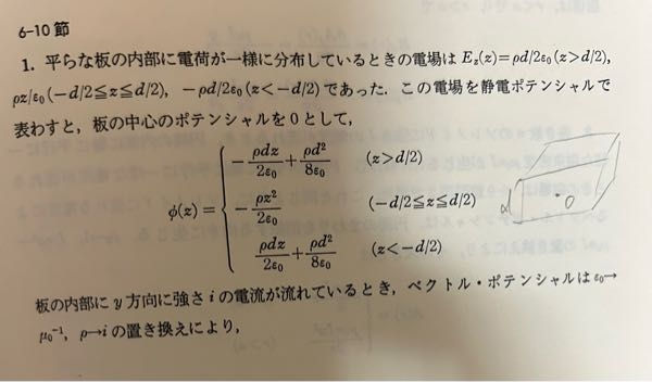 電磁気学の静電エネルギーで質問です。 以下の写真で、電場が与えられてあるのですが、静電ポテンシャルがどのように求められたのか分かりません。 電場と逆の経路に沿って積分(今回はz軸)することは分かるのですが、積分範囲がどうなっていて、なぜあのようなポテンシャルになるのか分かりません。お願いします