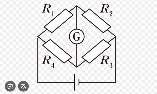 図のようなホイートストンブリッジ回路において、検流計に流れる電流が0のとき、抵抗の関係式を、電源の電圧Vを含めたキルヒホッフⅡの連立（V−R1ia−R2ia＝0、 V−R4ib−R3ib＝0）から導く術はあるか？ 導けないのだとしたらその理由を詳細に述べよ。