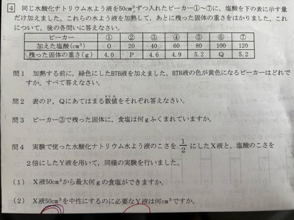 【至急でお願いしたいです。中学受験 理科】 本日テストですので、解決したく再度投稿しています。 よろしくお願いします。 問4の⑴と⑵です。 水酸化ナトリウムの濃さを1/2 塩酸の濃さを2倍 にする場合の考え方と問に対する解答の導き方をお願いします！！