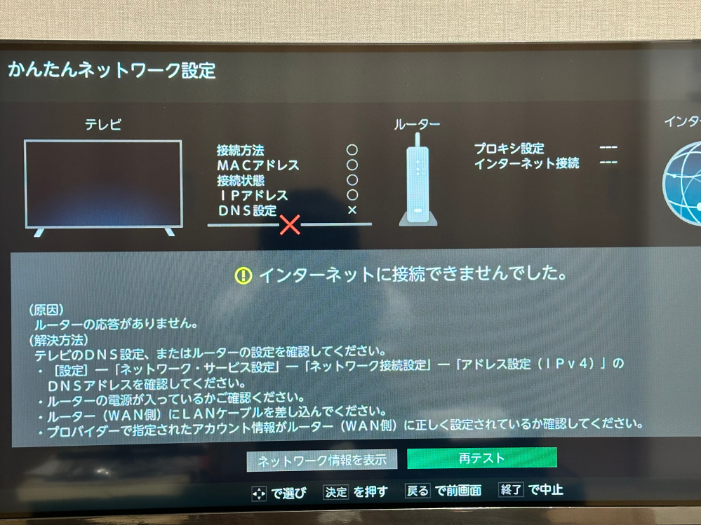 テレビにネットワーク接続を試みているのですが、この画面になりどう 