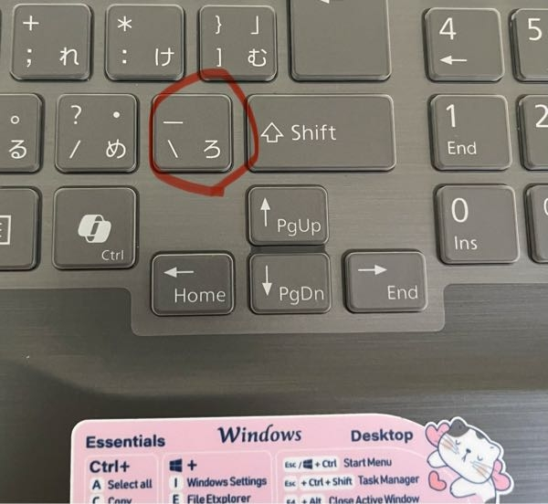 パソコン初心者です。Excelの練習をしております。 初歩的な質問でお恥ずかしいのですが、「ろ」の隣にある 「 ＼ 」この斜めスラッシュはどう打つのでしょうか？ 日本語、英字にしてもshiftを押しても「＼」が打てません。どうしても「¥」か「_ 」が出てきます