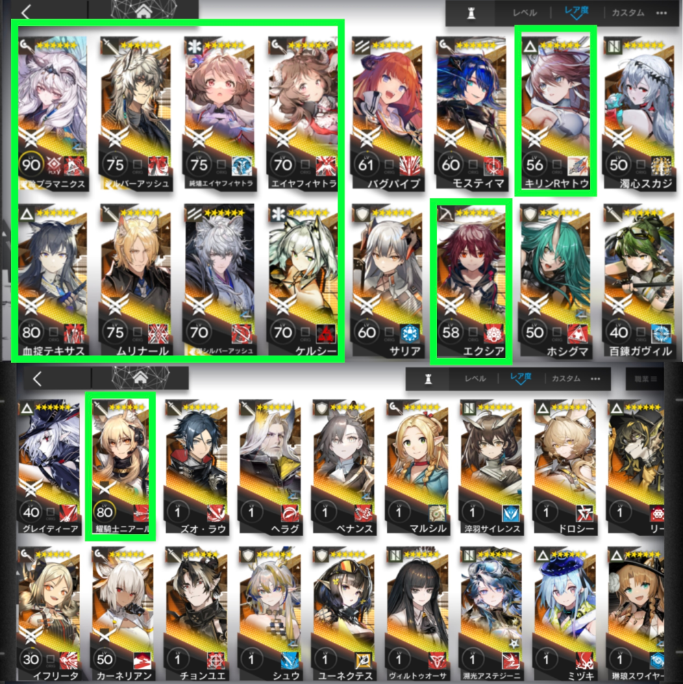 アークナイツの限定契約証のキャラについて 200までは溜まったのですが、よくおすすめされているスカジと二アールは無凸で所持済みの為悩んでます。 凸を進める方がいいのか、ほかのメンバーを揃えた方が攻略の際に役立つのかご意見伺いたいです。 参考までによく組んでいるメンバーが緑、そのほか所持済みの星6を載せておきます。(難しいステージはyoutubeの攻略動画をよく参考にしてますので頻繁に出てくるキャラ等いれば合わせてお教え頂きたいです)