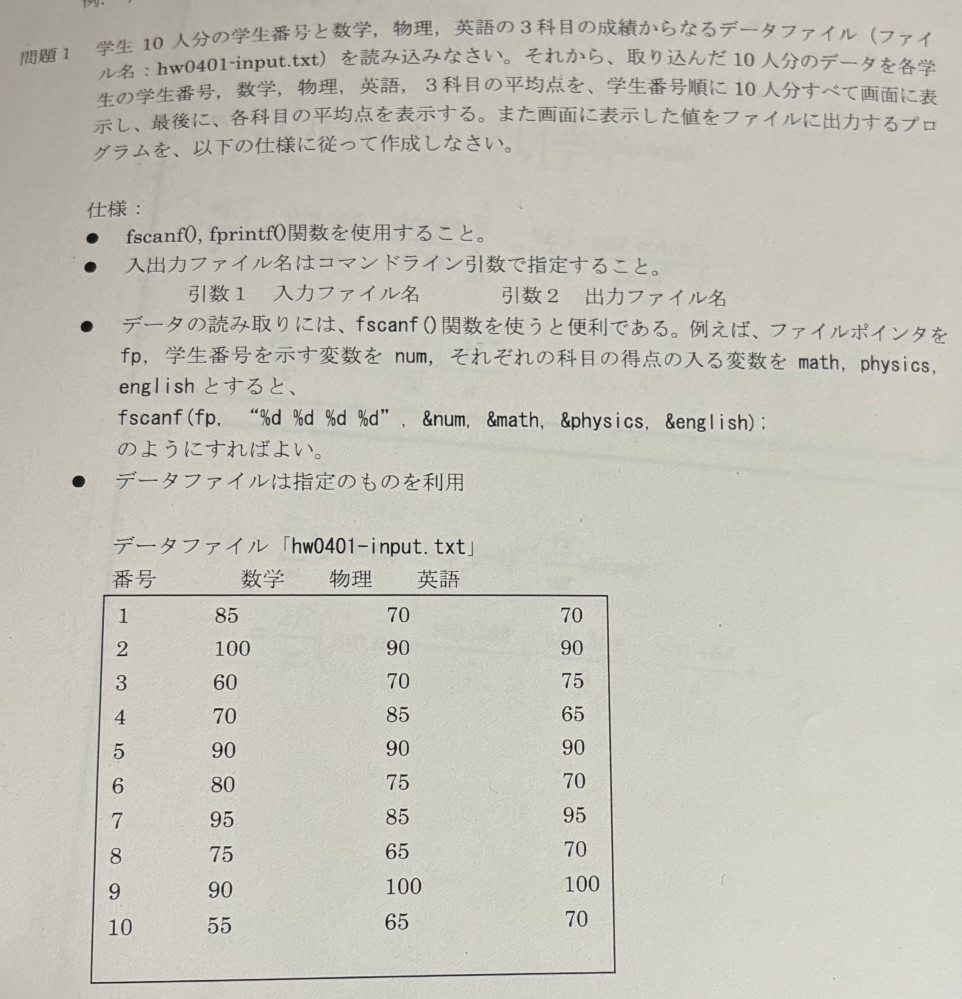 C言語のファイル操作の問題なのですが、どなたかこの学生10人分の学生番号と数学、物理、英語の 3科目の成績からなるデータファイルを読み込んで取り込んだ10人分のデータを各学生の学生番号、数学、物理、 英語の 3科目の平均点を、学生番号順に10人分全て画面に表示した値をファイルに出力するプログラムです。 仕様は右側のような感じです。 わかりやすく、なるべく簡単なプログラムにしていただけると嬉しいです。