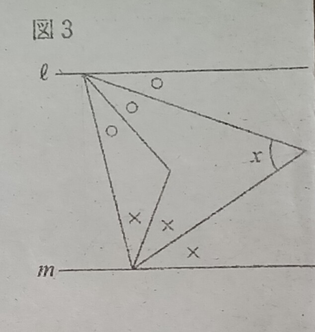 中三数学です。高校入試？の問題が数学の裏のプリントにいつもあるのですが、
こちらの問題が分かりそうで分かりません&hellip;有識者の方回答お願いしたいです 問題文は「次のXの角度の大きさを求めなさい。(LとMは平行とする。)」です