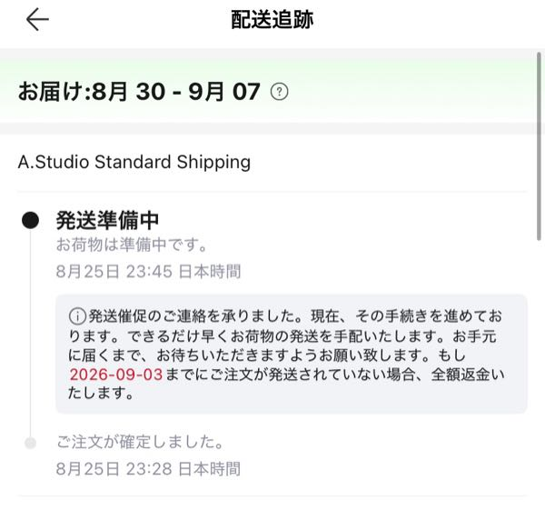 Ali　8月24日以降発送 海外通販サイト、AliExpressで購入し、8/24に発送されているので