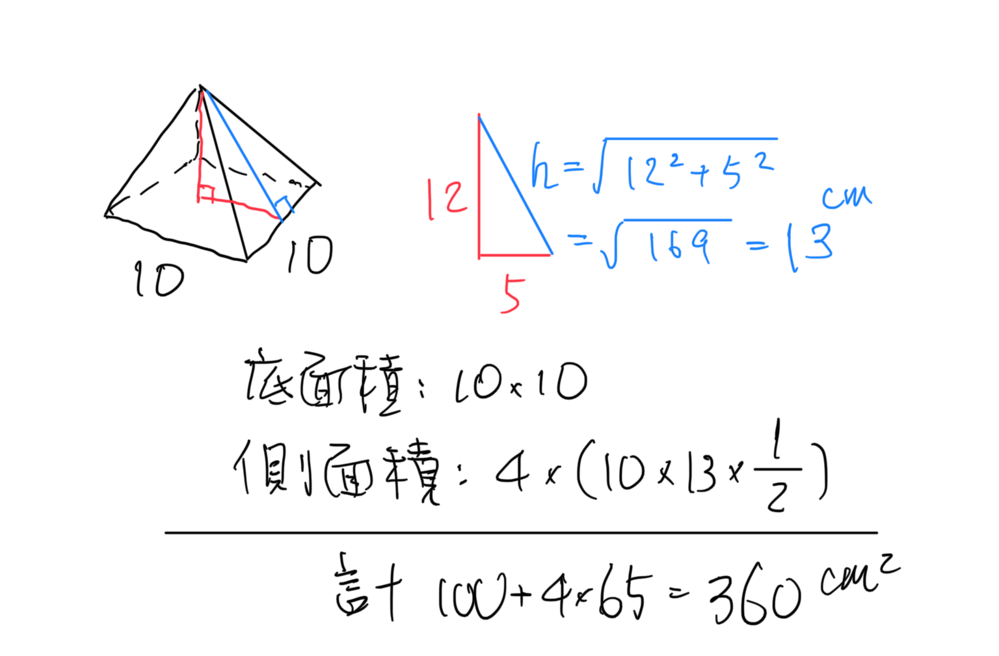 中学数学です 底面が一辺10cmの正方形で高さが12cmの Yahoo 知恵袋