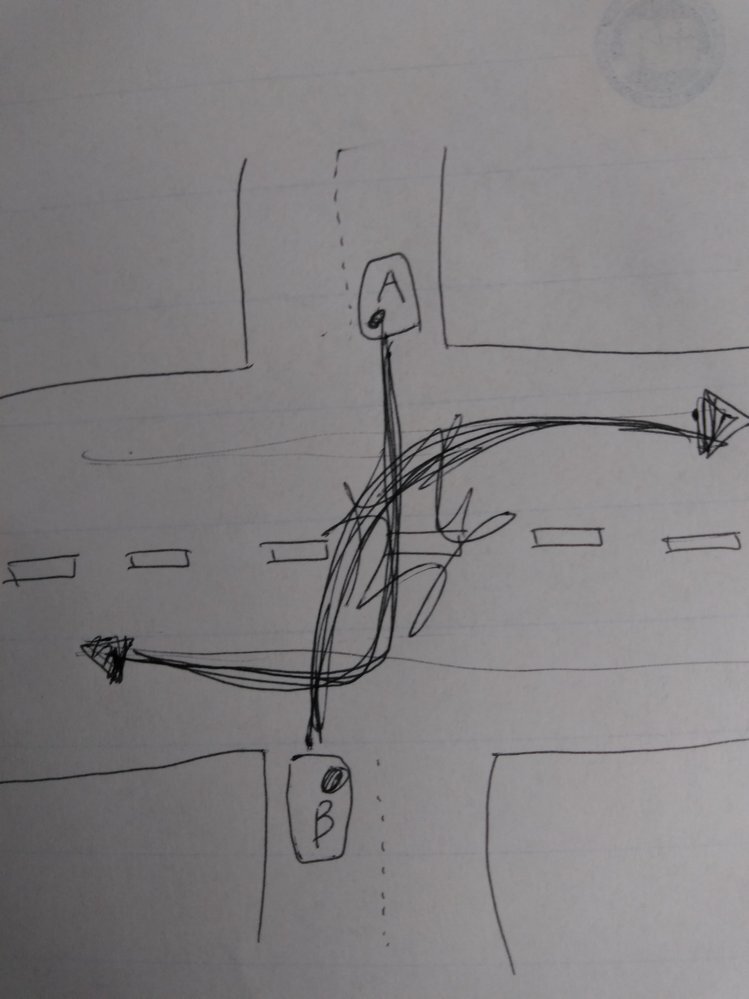 このような交差点で Aとbがどちらも右折したいとき 優先はどち Yahoo 知恵袋