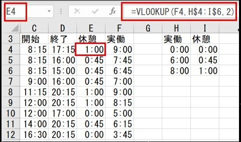 エクセルでシフト表を作成しています 休憩時間の計算を自動でしたいのですが Yahoo 知恵袋