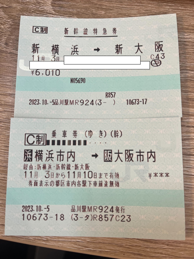 みどりの窓口で新幹線のチケットを購入しました。新横浜-新大阪間