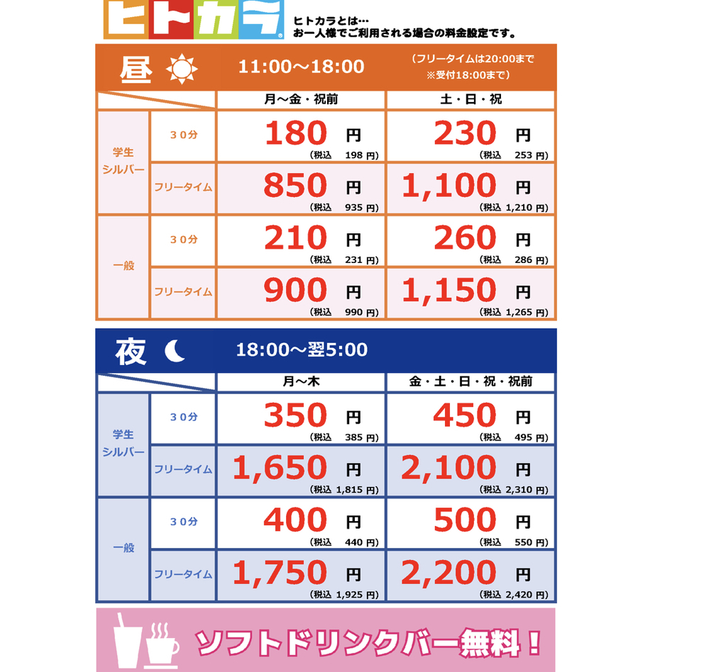 バンバンのフリータイムヒトカラ休日の値段わかりますか カラオケバン Yahoo 知恵袋