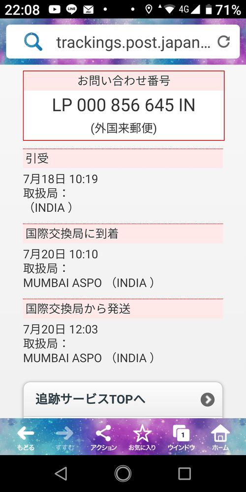 インドで使用されていたポスト 国際郵便物についてです。インドから日本に発送された郵便物が1ヶ月
