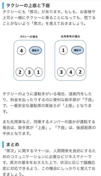 上座 下座について タクシーや社用車にも上座下座がありますよね 詳 Yahoo 知恵袋