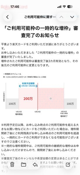 楽天カードの一時的な限度額増額についてです今現在限度額が10万で11月