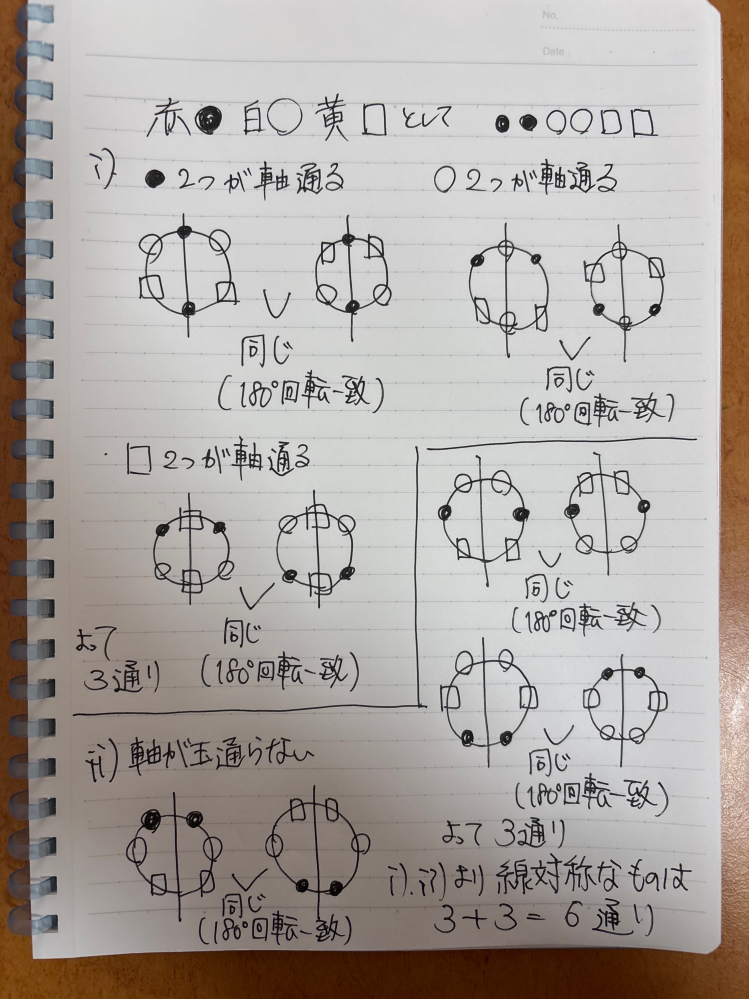 黒玉3、白玉3、黄玉4で数珠順列を求める際、線対称のものは奇数個ある