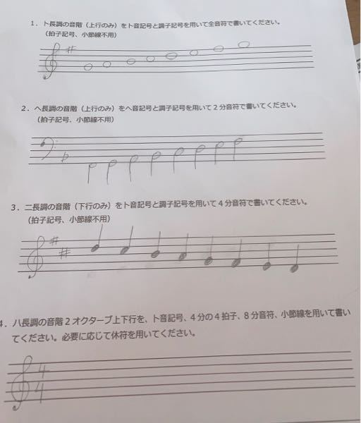 ト長調の音階のみをト音記号と調子記号を用いて全音符で書きなさいという Yahoo 知恵袋